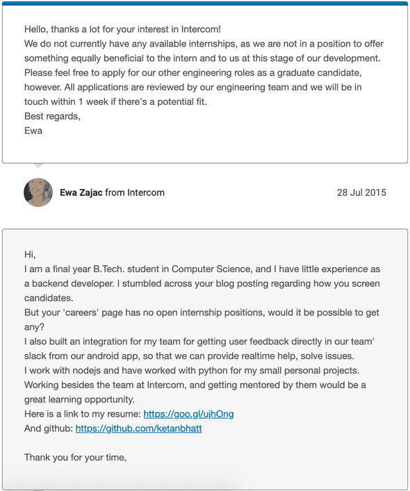 Screenshot of the time I applied for an internship at Intercom